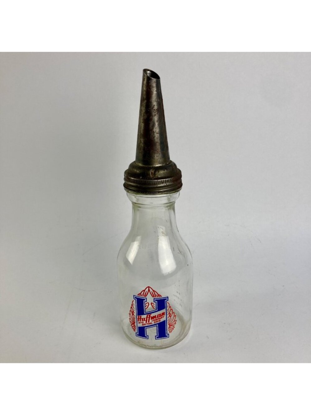 Vintage Glass Huffman Mfg Oil Bottle 1 Quart w/ Spout DAYTON, OH